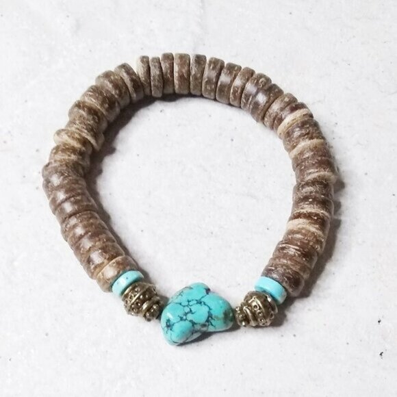 Handmade Jewelry - Rustic Rugged Turquoise Magnesite & Coconut Husks Bracelet!  Sexy Tomboy